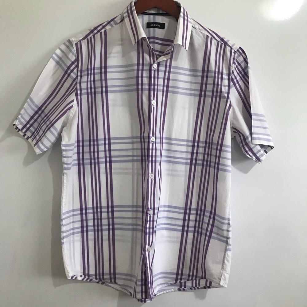 Alfany  purple and white plaid short sleeve dress shirt size M
